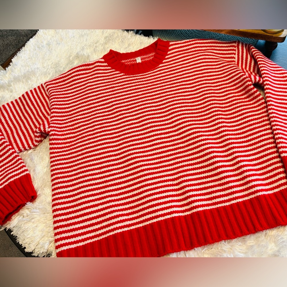 Super duper adorable red and white striped sweater! Size Large - Picture 4 of 12